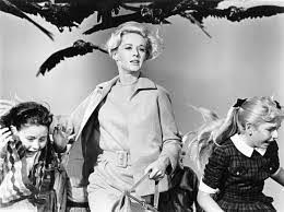 The Birds movie still. A woman and children flee as birds attack overhead.