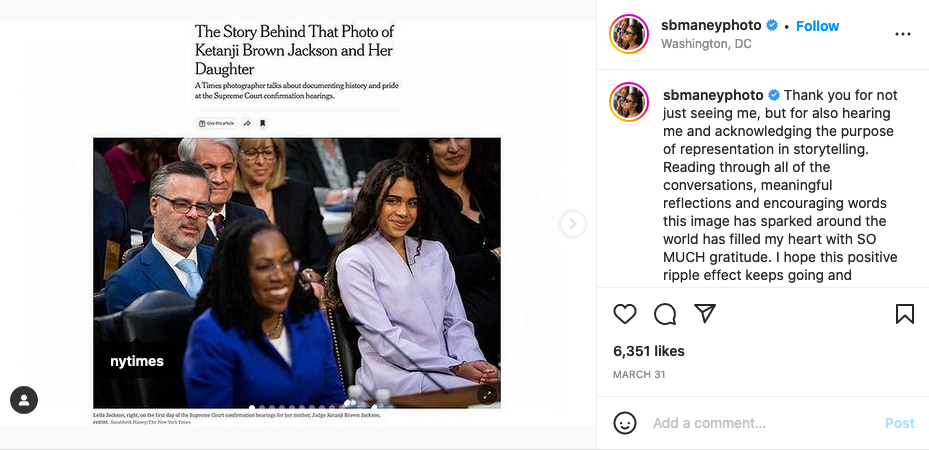 Screen shot of Instagram post by New York Times photographer Sarabeth Maney of Ketanji Brown Jackson and her daughter during the confirmation hearings.